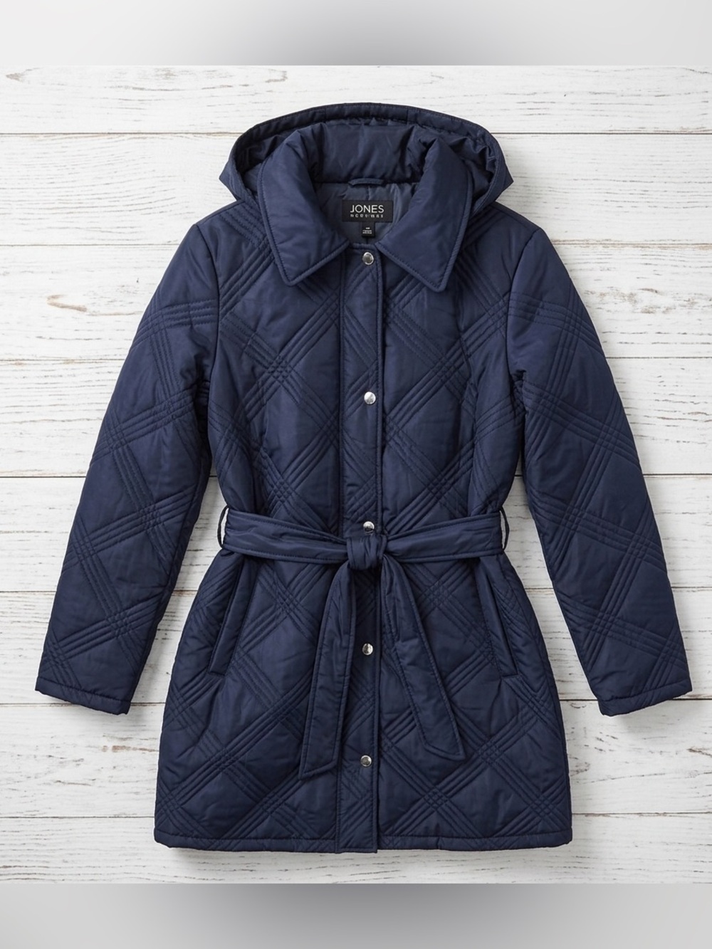 Jones New York NWT Black Qreuilted Hood Jacket Belted Button Up Parka Coat New S